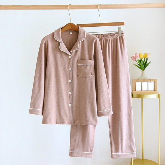 Jinhomg Thin Fleece Sleepwear for Women 2 Piece Warm Cozy Pajamas Sets Casual Solid Long Sleeve Button Down Tops and Straight Leg Pants Pink XL