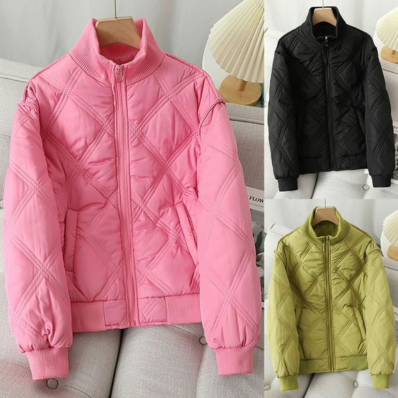 Jinhomg Thin Puffer Coat for Women Lightweight Comfy Full-Zip Stand Collar Outerwear Fall Casual Warm Long Sleeve Padded Jacket with Pockets Spring Saving Today Green M