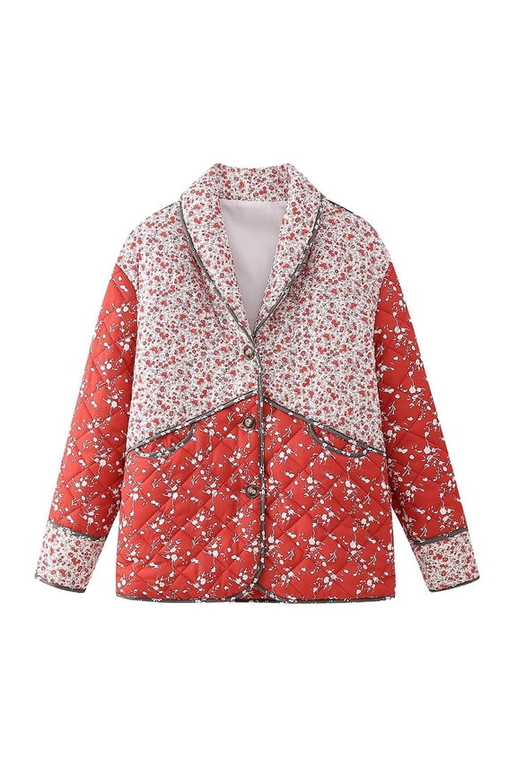 Thin Quilted Coat for Women Retro Ethnic Style Floral Print Puffer Jacket Casual Comfy Button Down Lapel Collar Outerwear Sales Today Clearance Red L