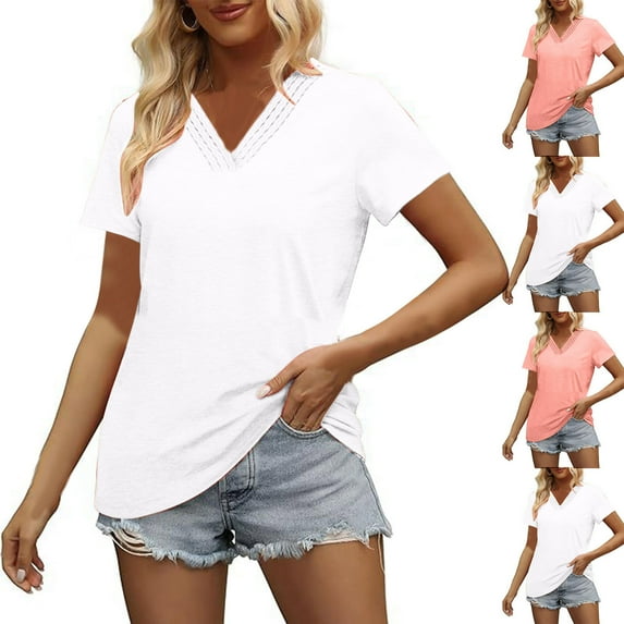Jinhomg Thin Shirts for Women Casual Solid Hollow Out Blouse Lightweight Comfy Short Sleeve V-Neck Pullover 2025 Spring Summer Tops White S