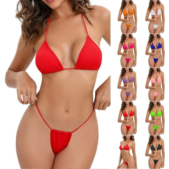 Jinhomg Thong Bikini Swimsuit for Women 2025 Trendy Halter String Triangle Bikinis Tops with Brazilian Bottom 2 Piece Casual Summer Vacation Bathing Suits Clearance Items for Women Navy M