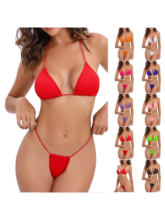 Thong Bikini Swimsuit for Women 2025 Trendy Halter String Triangle Bikinis Tops with Brazilian Bottom 2 Piece Casual Summer Vacation Bathing Suits Summer Saving Hot Pink M