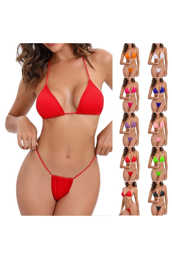 Thong Bikini Swimsuit for Women 2025 Trendy Halter String Triangle Bikinis Tops with Brazilian Bottom 2 Piece Casual Summer Vacation Bathing Suits Winter Saving Red L