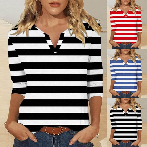 Jinhomg Three Quarter Sleeve T Shirts for Women Trendy Striped Print Tee Shirts Fall Comfy Vneck Tops Holiday Lightweight 3/4 Sleeve Casual Blouse Blue L