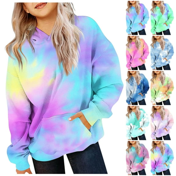 Jinhomg Tie Dye Hoodies for Kids Girls Long Sleeve Drop Shoulder Hooded Sweatshirt Trendy Casual Pullover Hoodie with Kangaroo Pocket Purple 130