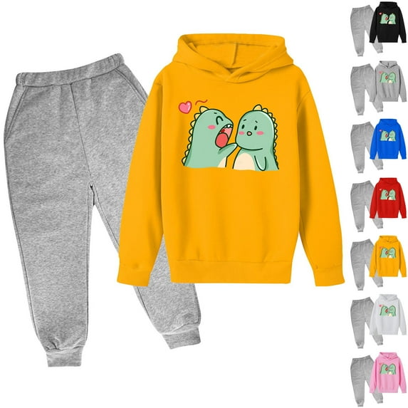 Jinhomg Toddler 2 Piece Outfit Set Fall Casual Comfy Athletic Suit Kid Boys Cute Dinosaur Print Hooded Pullover Tops and Elastic Waist Solid Sweatpants Winter Saving Pink 3 Years