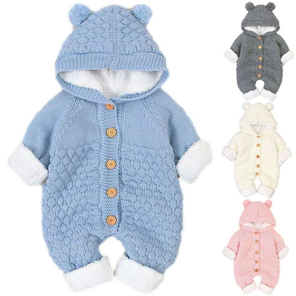 Jinhomg Toddler Baby Hooded Romper Fall Winter Warm Fleece Lined Knitted Jumpsuits Infant Boys Girls Cute Bear Ear Hooded Onesies Beige 3-6 Months