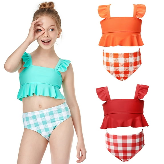 Jinhomg Toddler Baby Kids Swimsuit Little Girls Cute Ruffles Sleeve Tankini Tops with Plaid Bottoms Summer Vacation Beach Swimwear Fall Saving 116 Red