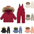 thumbnail image 1 of Jinhomg Toddler Baby Winter Set 2 Piece Warm Comfy Snowsuit Windproof Waterproof Faux Fur Trim Hooded Down Jacket with Snowboard Overalls Red 18 Months, 1 of 8