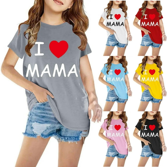 Jinhomg Toddler Boys Girls T-shirts I Love MAMA Letter Graphic Tees Short Sleeve Crewneck Tee Tops Gifts for Daughter Son Back to College Deals Blue 9 Years