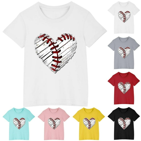 Jinhomg Toddler Boys Girls T-shirts Kids Baseball Heart Graphic Tees Soft Cotton Summer Short Sleeve Crewneck Tee Tops Winter Saving Blue 4 Years