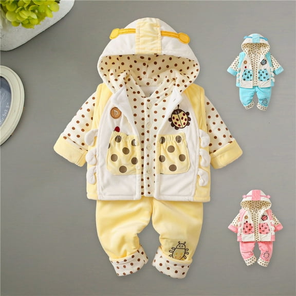 Jinhomg Toddler Comfy Winter Outfits Cute Cartoon Print Hooded Jacket with Long Sleeve Button Up Tops and Pants Kids 3 Piece Thermal Set Yellow 12M