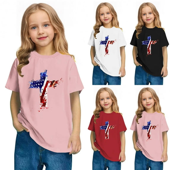 Jinhomg Toddler Cotton Shirt Short Sleeve America Flag Graphic Tees Casual Comfy Crew Neck Patriotic Tops Red White and Blue Holiday Costumes Red 9 Years