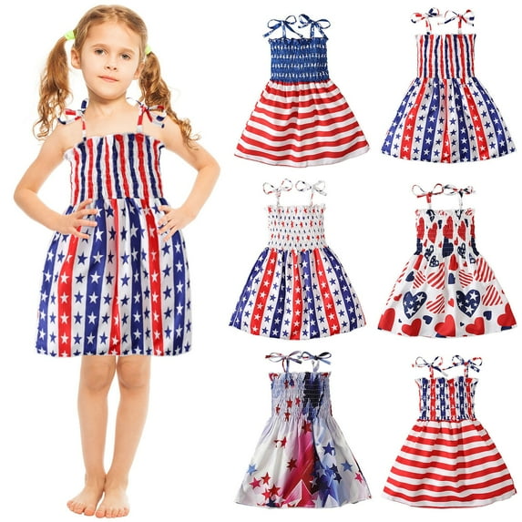 Jinhomg Toddler Girl 4Th Of July Dress Trendy Spaghetti Straps America Flag Dresses Casual Comfy Backless Stripe Stars Party Dress Kids Summer Clothes Fall Saving B 4-5 Years