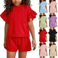 thumbnail image 1 of Jinhomg Toddler Girl Casual Summer Sets Cute Ruffle Sleeve Crew Neck Tops with Elastic Drawstring Waist Shorts 2 Piece Lightweight Comfy Loungewear Beige 10-11Years, 1 of 9