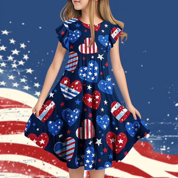 Jinhomg Toddler Girls 4Th Of July Outfit Patriotic American Flag Midi Dress Flowy Swing Ruffle Sleeve Tiered Pleated Dresses Independence Day A Line Party Dresses Blue 14 Years