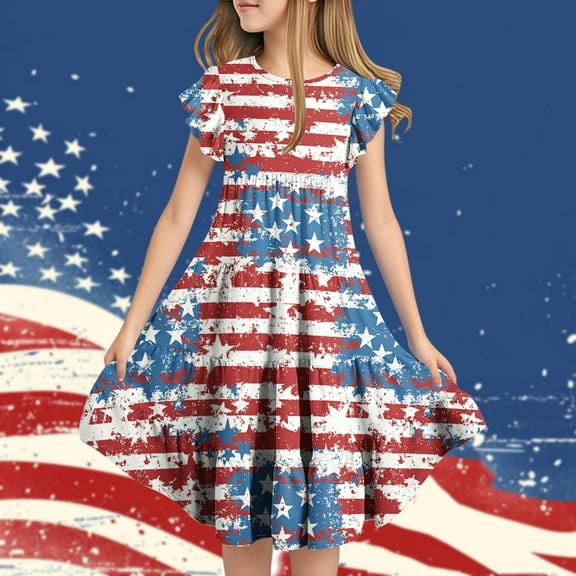 Jinhomg Toddler Girls 4Th Of July Outfit Patriotic American Flag Midi Dress Flowy Swing Ruffle Sleeve Tiered Pleated Dresses Independence Day A Line Party Dresses Red 14 Years
