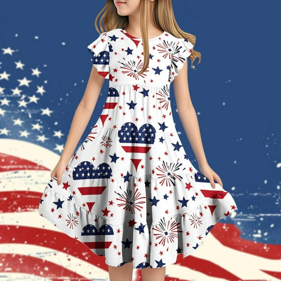 Jinhomg Toddler Girls 4Th Of July Outfit Patriotic American Flag Midi Dress Flowy Swing Ruffle Sleeve Tiered Pleated Dresses Independence Day A Line Party Dresses White 12 Years