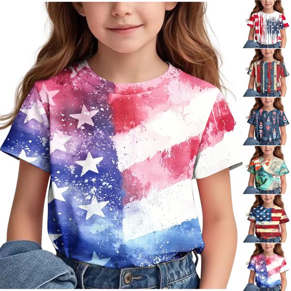 Jinhomg Toddler Girls Boys 4Th of July Shirts Patriotic American Flag Graphic Tees Casual Comfy Short Sleeve Crew Neck Holiday Tops Blue 4 Years