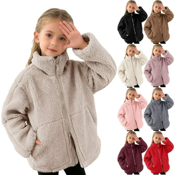 Jinhomg Toddler Girls Boys Winter Fleece Jacket Kids Full Zip Teddy Fuzzy Coat Sherpa Plush High Neck Hooded Jackets Outwear with Pockets