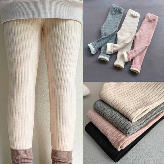 Jinhomg Toddler Girls Fleece Lined Leggings Cotton Kids Winter Warm Leggings Knitted Striped Thick Thermal Tights Pants Beige (1-9 Years)