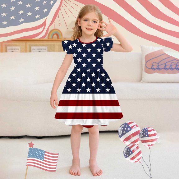 Jinhomg Toddler Girls Holiday Dresses Cute Star Striped Print Midi Dress Casual Ruffle Flutter Sleeve Party Dresses Patriotic 4Th Of July American Flag Outfits Red 130