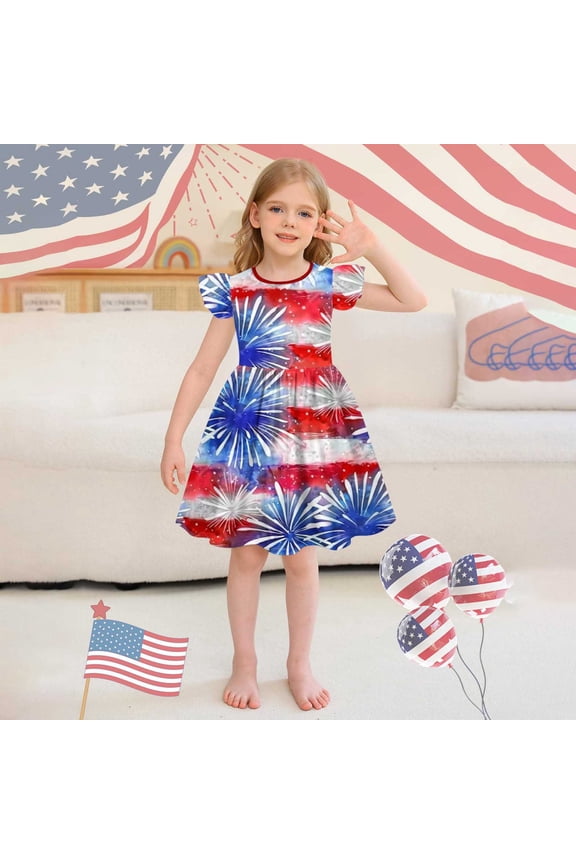Toddler Girls Holiday Dresses Cute Star Striped Print Midi Dress Casual Ruffle Flutter Sleeve Party Dresses Patriotic 4Th Of July American Flag Outfits Red 140