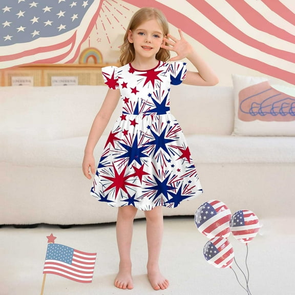Jinhomg Toddler Girls Holiday Dresses Cute Star Striped Print Midi Dress Casual Ruffle Flutter Sleeve Party Dresses Patriotic 4Th Of July American Flag Outfits Red 120
