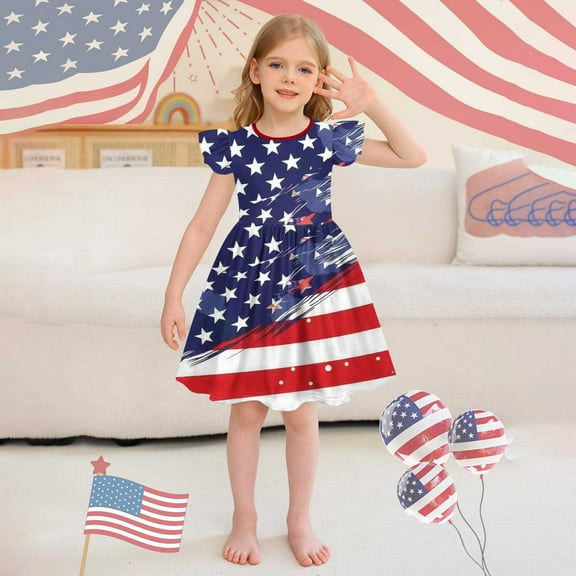 Jinhomg Toddler Girls Holiday Dresses Cute Star Striped Print Midi Dress Casual Ruffle Flutter Sleeve Party Dresses Patriotic 4Th Of July American Flag Outfits Red 130
