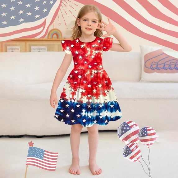 Jinhomg Toddler Girls Holiday Dresses Cute Star Striped Print Midi Dress Casual Ruffle Flutter Sleeve Party Dresses Patriotic 4Th Of July American Flag Outfits Red 140