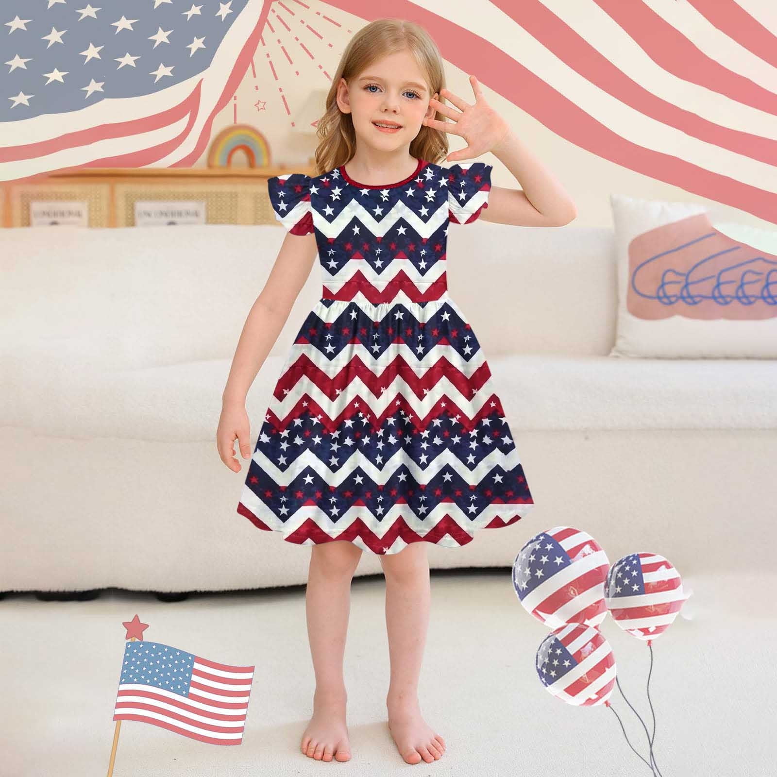 Jinhomg Toddler Girls Holiday Dresses Cute Star Striped Print Midi Dress  Casual Ruffle Flutter Sleeve Party Dresses Patriotic 4Th Of July American  Flag Outfits Red 120