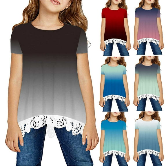 Jinhomg Toddler Girls Short Sleeve Lace T-shirts 2024 Trendy Gradient Color Casual Summer Blouses Loose Flowy Pleated Tops White 13-14 Years