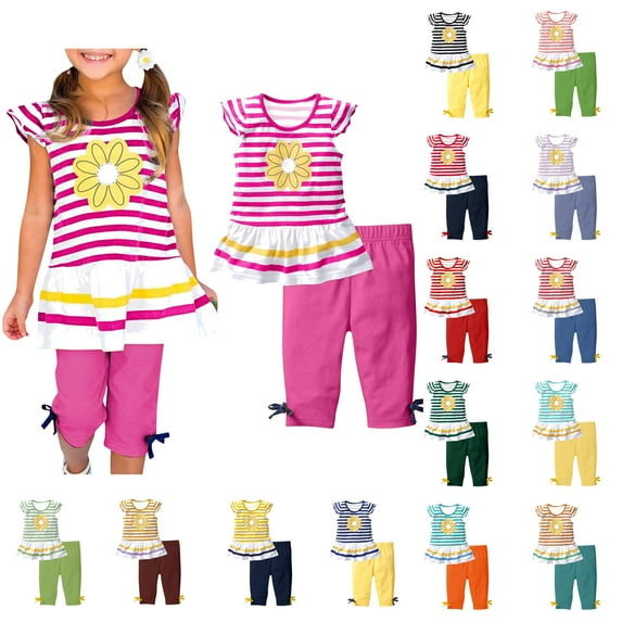 Jinhomg Toddler Girls Summer Clothes Cute Ruffle Short Sleeve Striped T Shirts and Capris Pants Daisy Outfits Sets Hot Pink 4 Years
