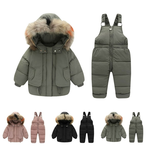 Jinhomg Toddler Kids Winter Snowsuit Baby Boys Girls Winter Long Sleeve Hooded Coat and Snow Pants 2 Piece Winter Warm Waterproof Clothes Sales Today Clearance Black 3 Years