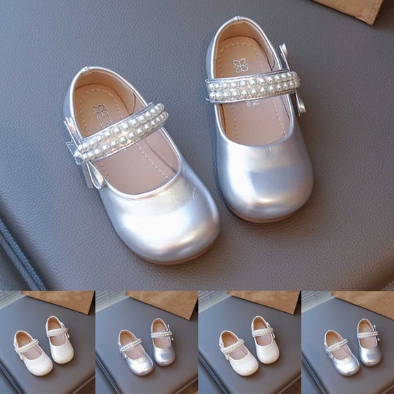 Jinhomg Toddler/Little Girls' Bow Ballerina Flat Ballerina Flat Shoes Mary Jane PU Dress Shoes Wedding School Party Shoes Silver 28