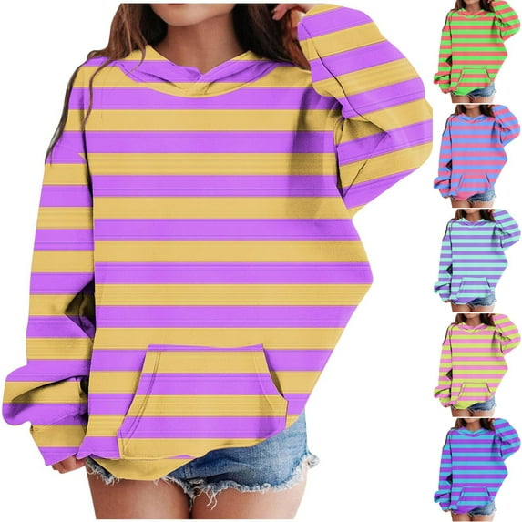 Jinhomg Toddler Loose Fit Sweatshirt Trendy Color Block Striped Print Hoodies Comfy Long Sleeve Kids Oversized Tops with Pocket Limited Time Deal Pink 5 Years