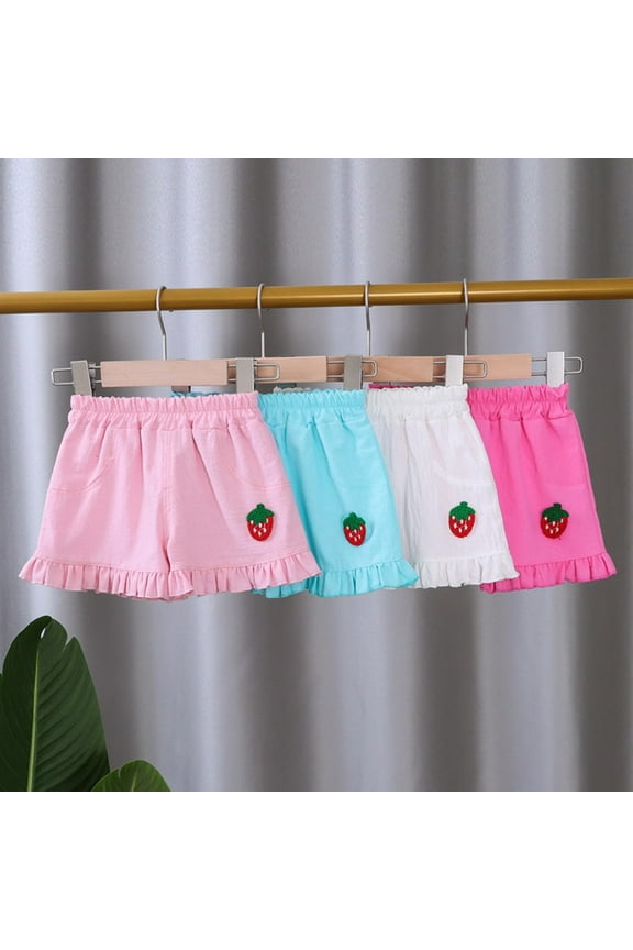Toddler Summer Shorts Cute Cartoon Graphic Ruffle Hem Shorts Breathable Cotton Linen Elastic Waist Hot Pants Girls Comfy Lounge Wear Blue 1 Years