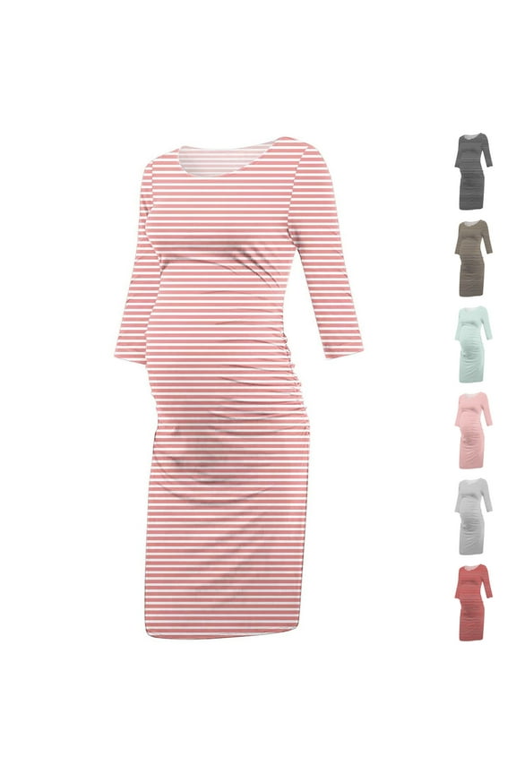 Trendy Pregnancy Dress for Women Short Sleeve Striped Print Midi Dresses Lightweight Casual Maternity Dresses for Baby Shower Limited Time Deal Red L