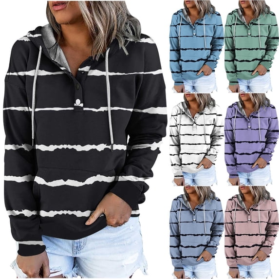 Jinhomg Trendy Striped Sweatshirt for Women Lightweight Comfy Long Sleeve Button Collar Pullovers Fall Casual Loose Drawstring Hoodies with Pocket Todays Daily Deals Blue XL