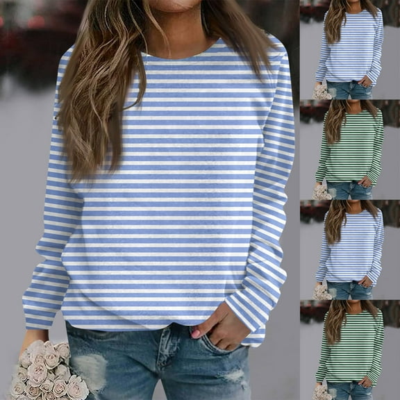 Jinhomg Trendy Striped Sweatshirts for Women Comfy Long Sleeve Round Neck Pullover Tops Fall Casual Warm Tee Shirts Light Blue L