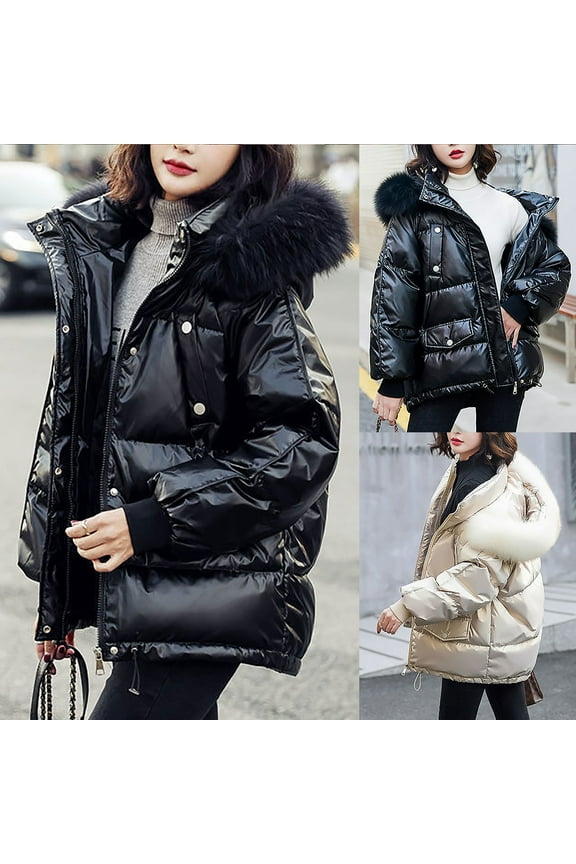 Trendy Winter Jacket for Women Plus Size Casual Faux Fur Trim Hooded Puffer Coat Warm Cozy Long Sleeve Double Closure Outerwear with Pockets Clearance Items for Women Beige XXXL