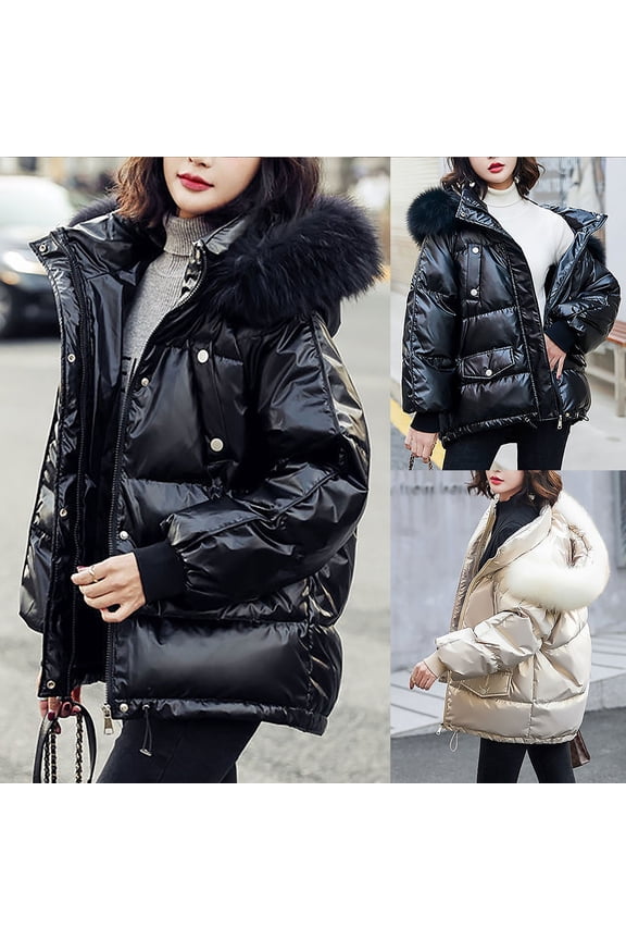 Trendy Winter Jacket for Women Plus Size Casual Faux Fur Trim Hooded Puffer Coat Warm Cozy Long Sleeve Double Closure Outerwear With Pockets Fall Saving Black M
