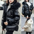 thumbnail image 1 of Jinhomg Trendy Winter Jacket for Women Plus Size Casual Faux Fur Trim Hooded Puffer Coat Warm Cozy Long Sleeve Double Closure Outerwear with Pockets Summer Saving Beige L, 1 of 10