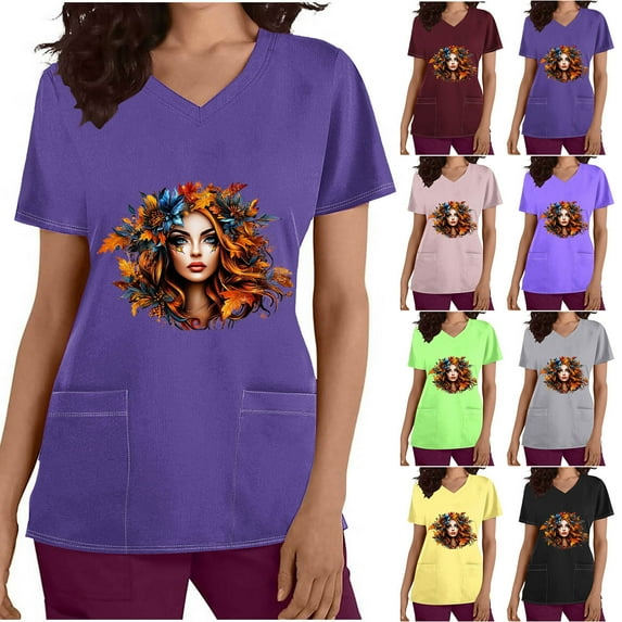 Jinhomg Trendy Working Uniform for Women Novelty Mardi Gras Graphic Shirt Lightweight Casual Short Sleeve V-Neck Working Uniform Holiday Tunics Sales Today Clearance Yellow S