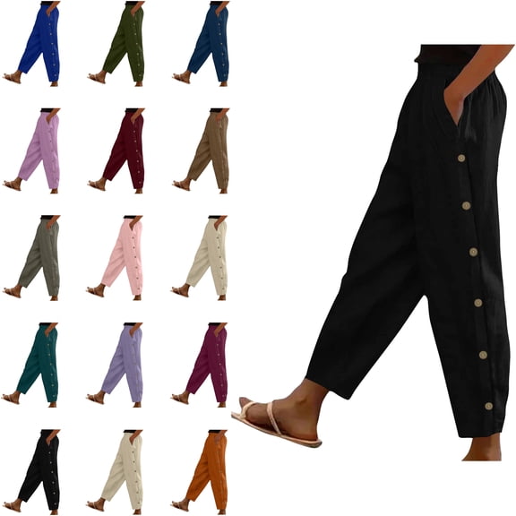 Jinhomg Trousers Pants for Women Loose Side Button Summer Pants Casual Solid High Waist Pants Baggy Comfy Work Pants with Pockets Purple M