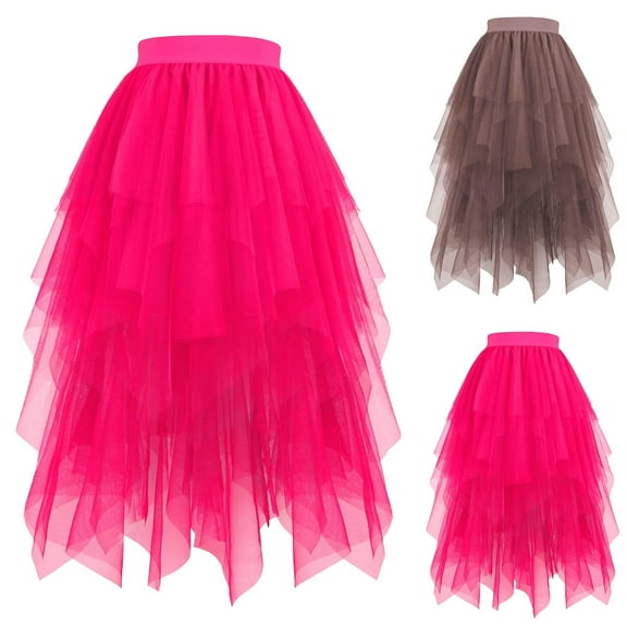Jinhomg Tulle Skirts for Women Flowy Elastic High Waist Midi Skirt Irregular Layered A-Line Mesh Tutu Skirts 2025 Fashion Wedding Party Skirts Brown XL
