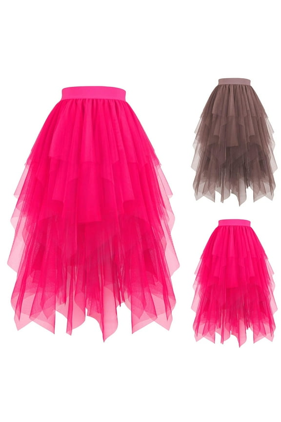 Tulle Skirts for Women Flowy Elastic High Waist Midi Skirt Irregular Layered A-Line Mesh Tutu Skirts 2025 Fashion Wedding Party Skirts Hot Pink S