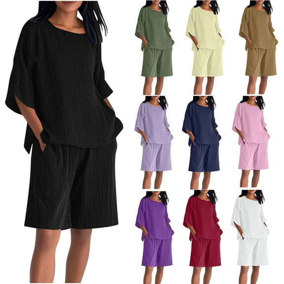 Jinhomg Two Piece Outfits for Women Summer Short Sleeve Shirts & Wide Leg Shorts Fall Outfits Cotton Linen Lounge Comfy Suit Light Blue,L