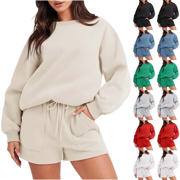 Jinhomg Two Piece Sweat Suits Fall Winter Long Pants Outfits Round Neck Long Sleeve Sweatshirts Jogger Sweatpants Set Gray,L