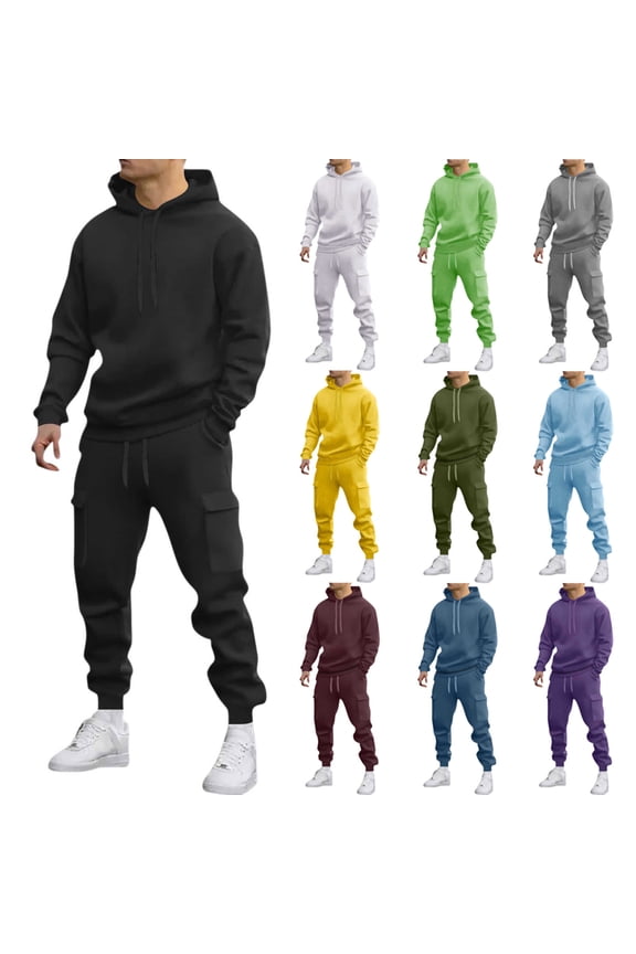 Two Piece Sweat Suits Men Oversized Fleece Hoodie & Stretch Drawstring Joggers Set Winter Causal Workout Hiking Tracksuits Outfits